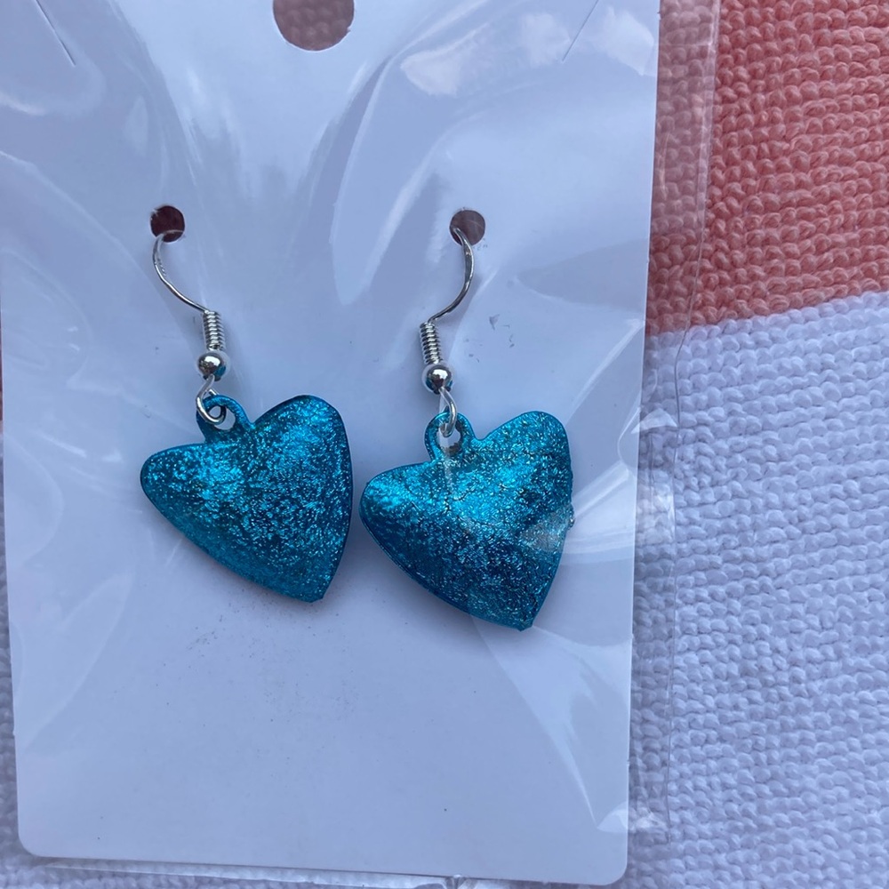 Sparkly Blue Heart Earrings.